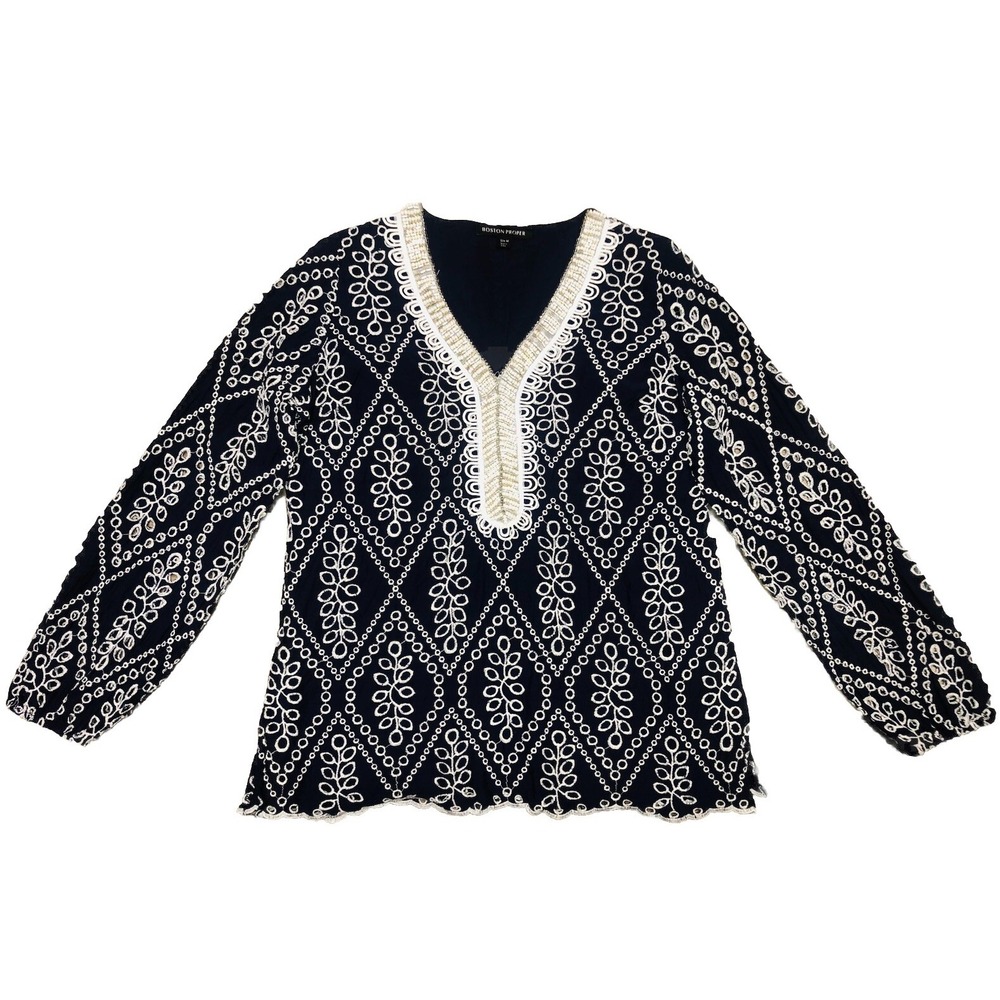Boston Proper Blouse M Navy‎ Beaded Coastal Boho Vacation Embroidered *defect